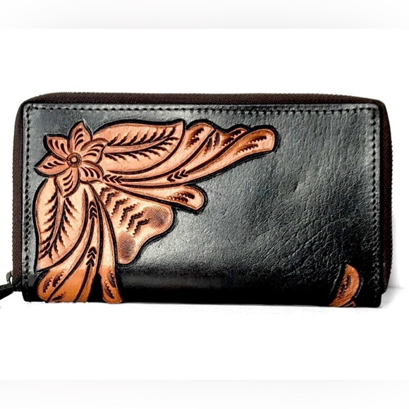 handmade Handbags - Leather Black and Tan Floral Hand Tooled Zip Wallet